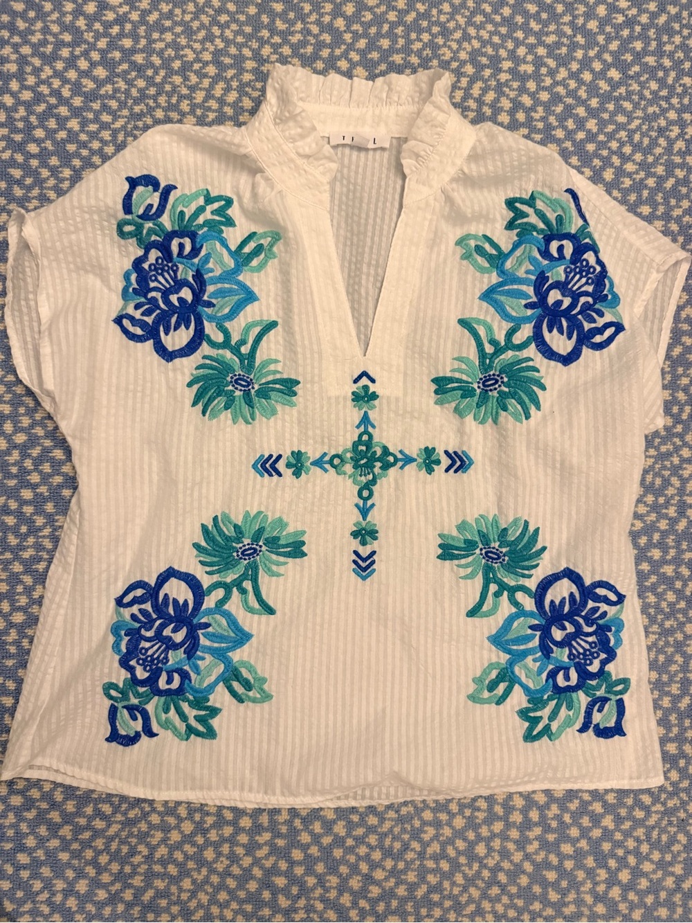 THML White V-Neck Embroidered Floral Tunic - Blue & Teal